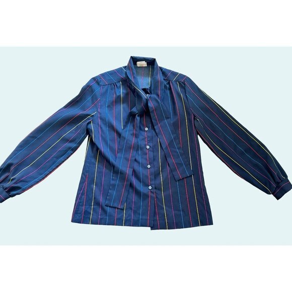 Vintage FRESH START Tie Neck Striped Blouse 70s 80s Navy Size Small - Picture 2 of 7